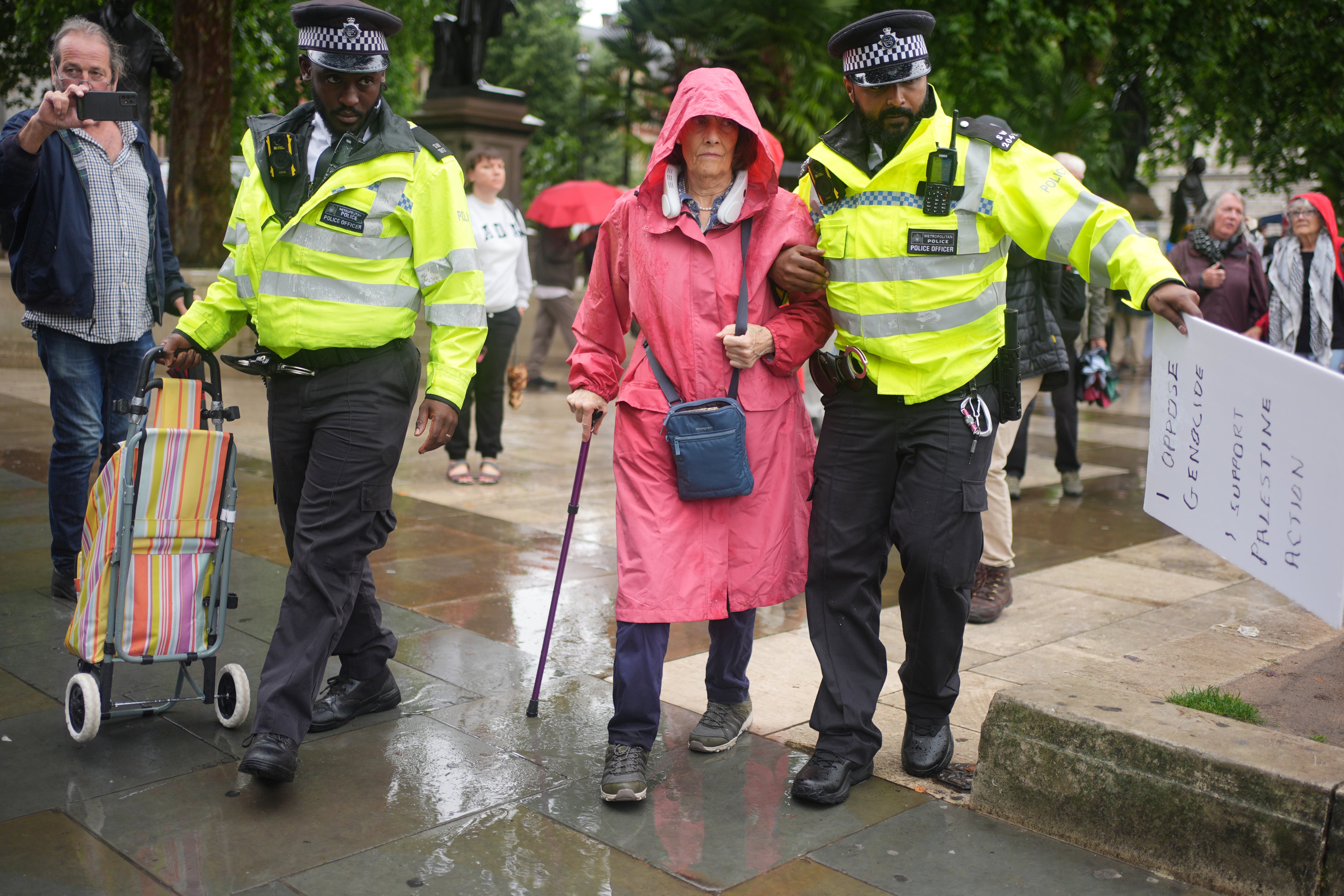 Metropolitan police officers remove a person from a protest at Parliament Square, Central London in support of the action of Palestine.