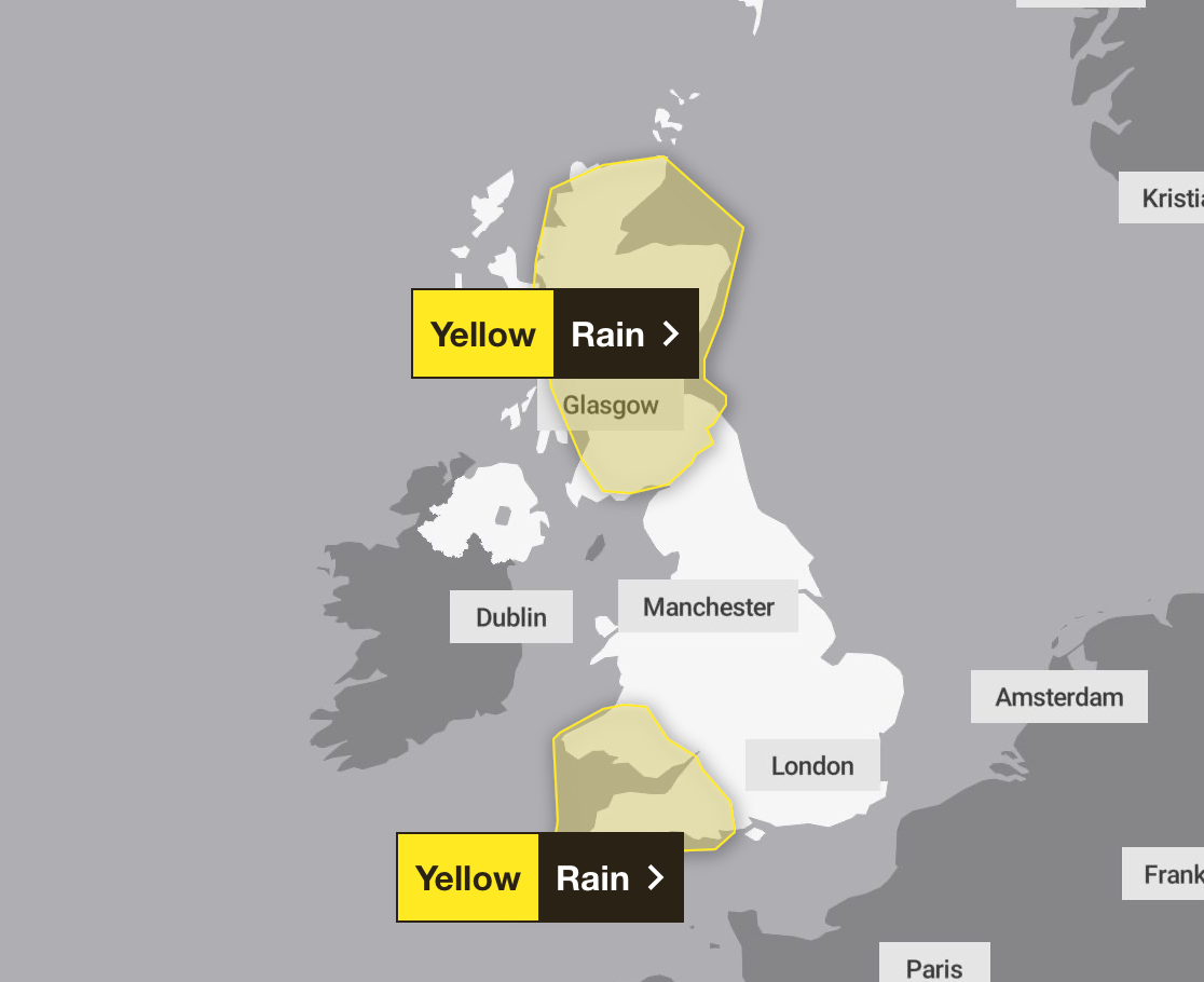 Two yellow rain alerts are in place across Scotland and southwest England on Sunday