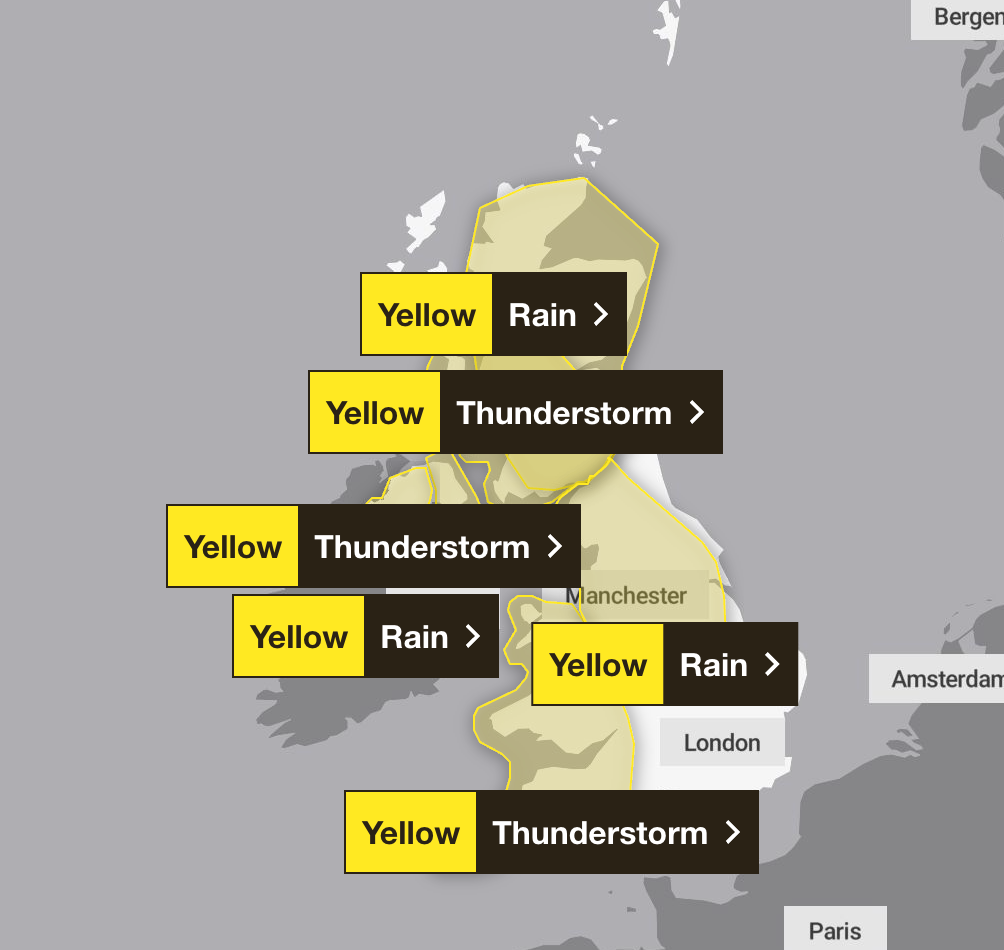There are now six weather warnings in place on Sunday for either rain or thunderstorms.