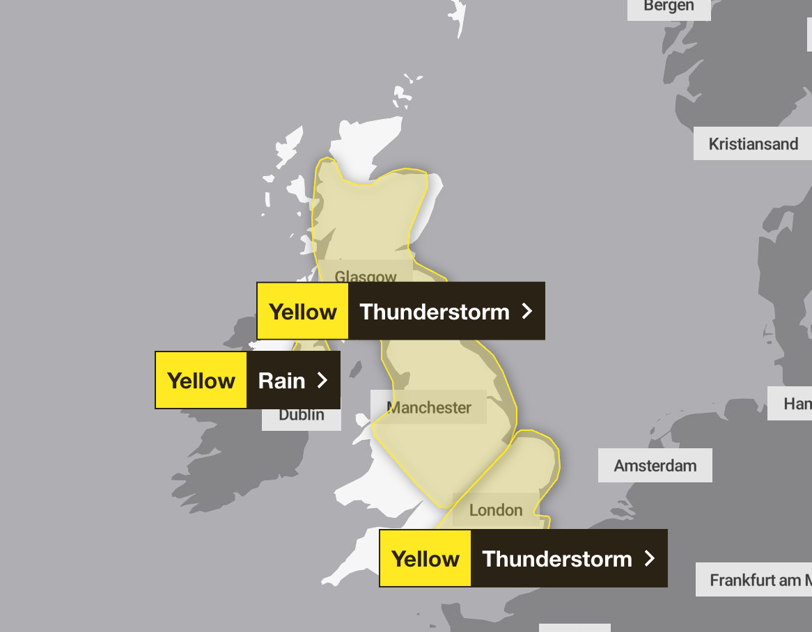 On Monday, three yellow weather warnings have been issued.