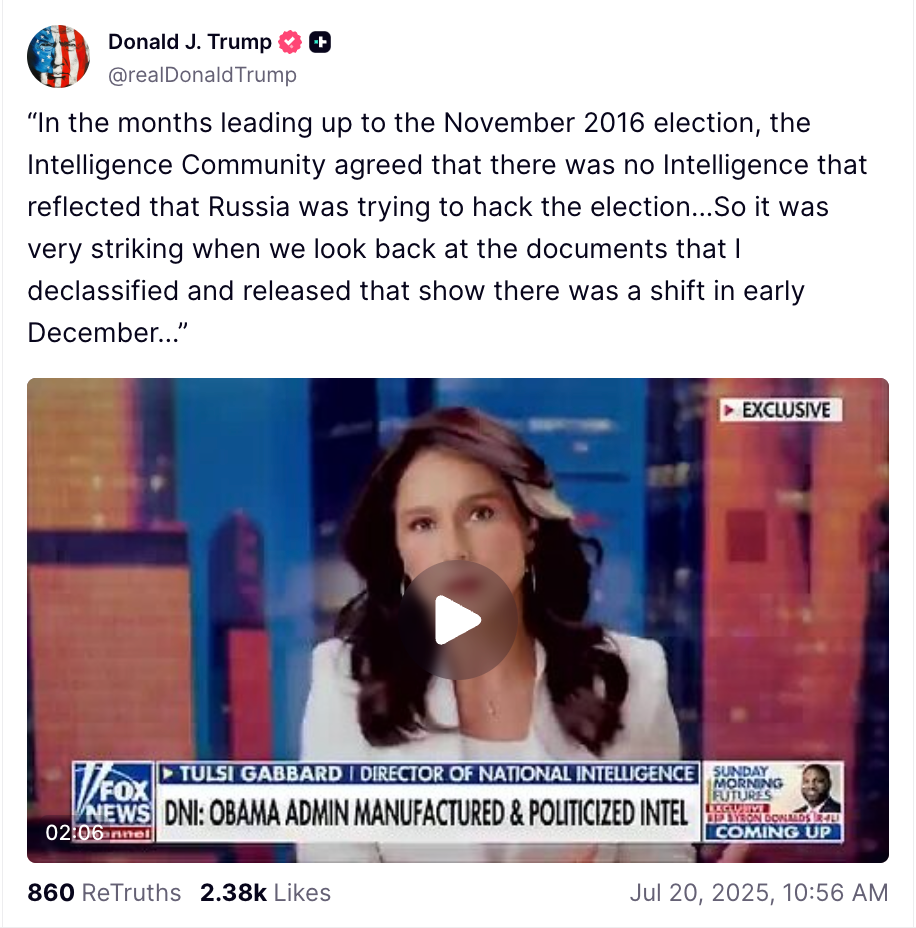 Trump live: Dems accuse president of trying to change subject from Epstein with Gabbard’s Obama ‘conspiracy’