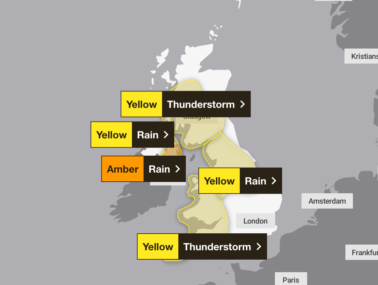 Weather alerts are in place across much of the UK into next week
