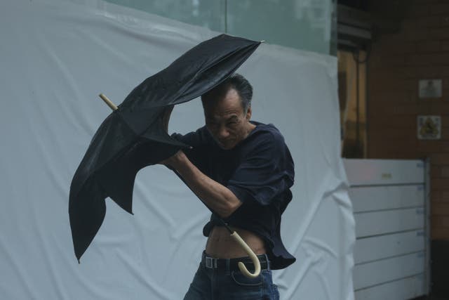 <p>A man struggles with an umbrella while walking against strong wind, as Typhoon Wipha approaches, in HongÂ Kong</p>