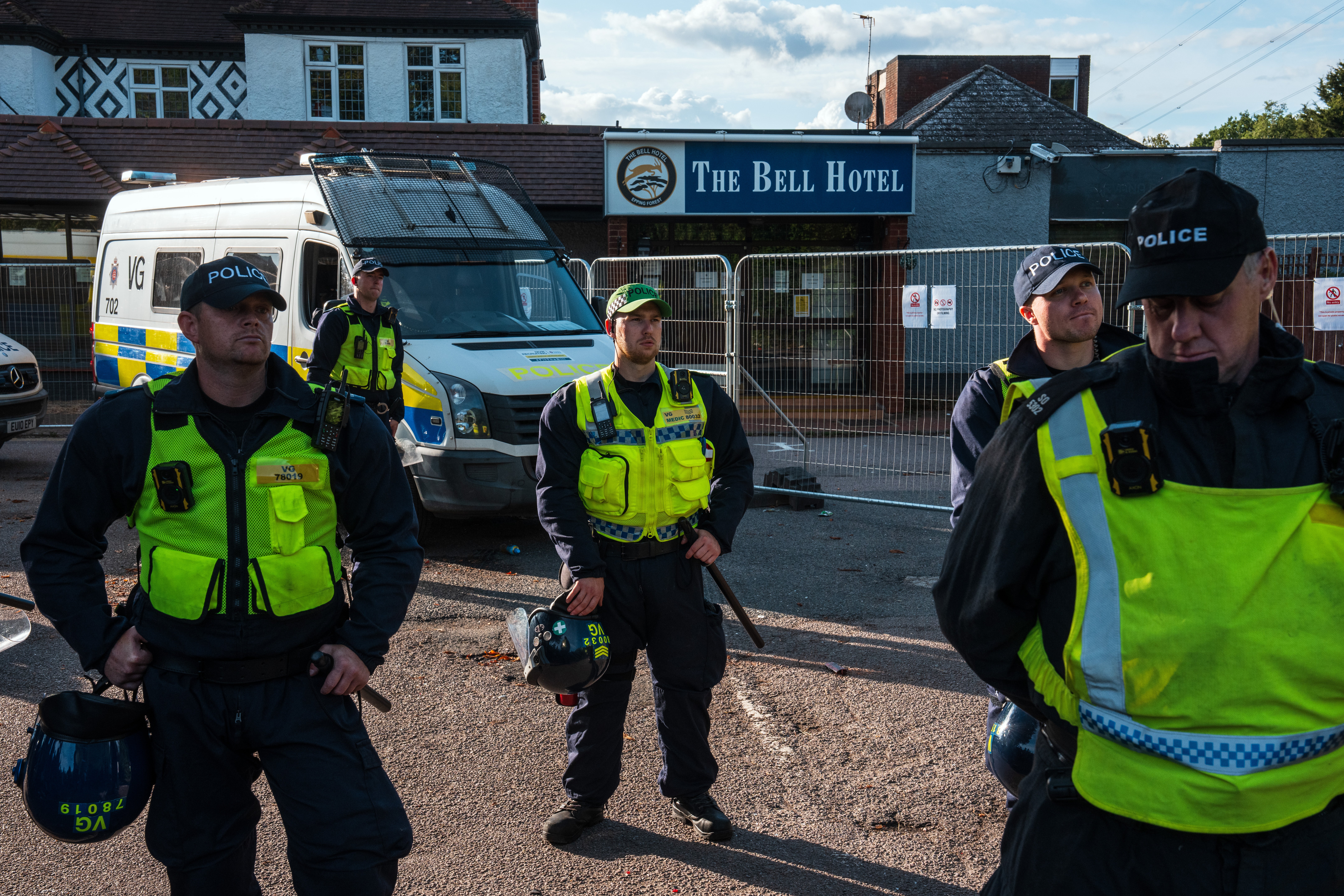 Police protects the Bell Hotel in EPPING, Essex on Sunday 20 July