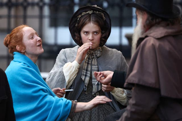<p>Extras having a cigarette break on the set of Netflix's forthcoming Frankenstein film</p>