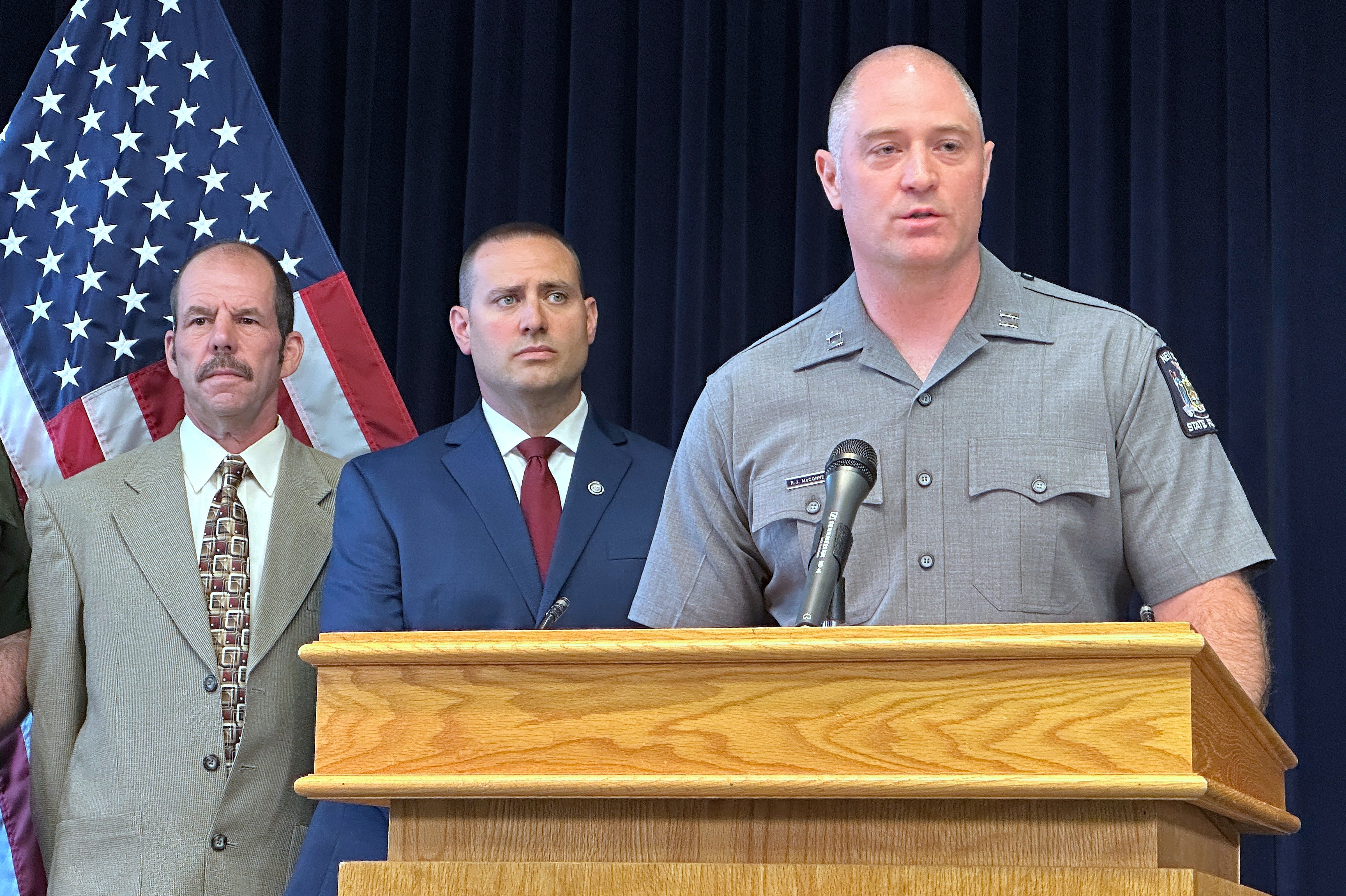 New York State Police Capt. Robert McConnell speaks at a news conference