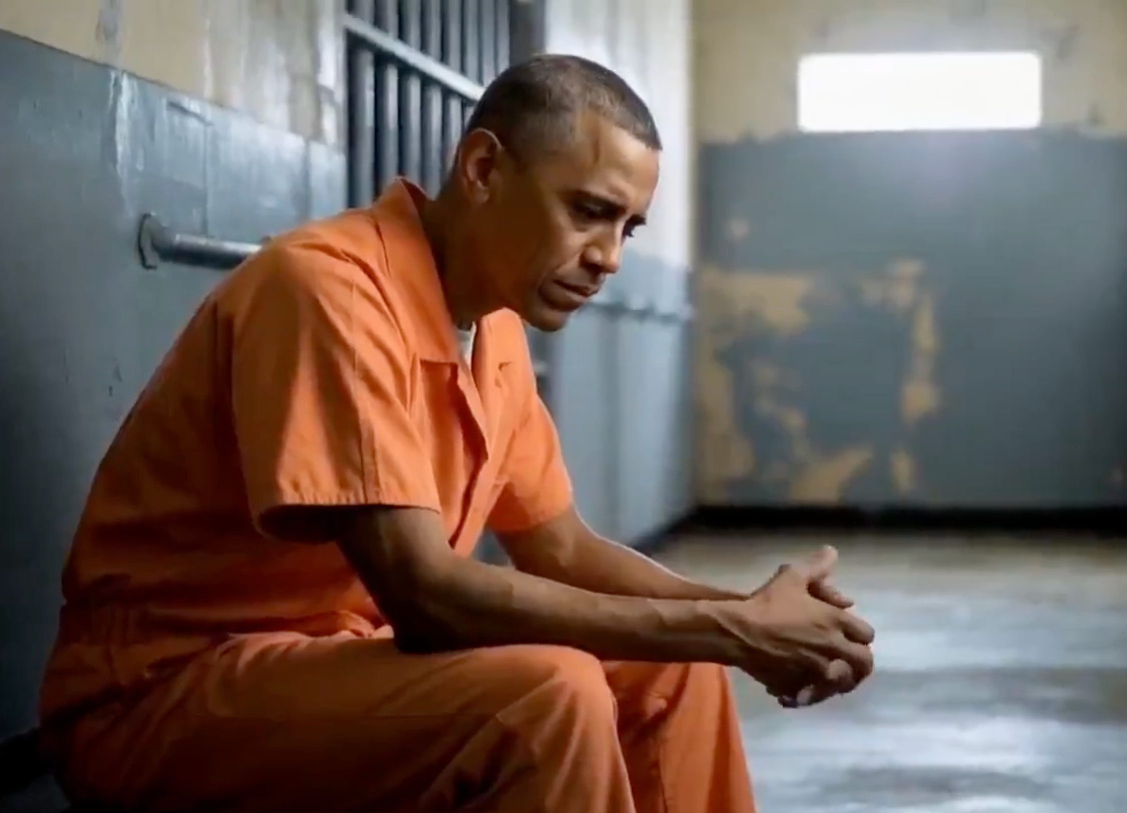 A still from an AI video of former president Barack Obama in prison posted by President Donald Trump on Truth Social