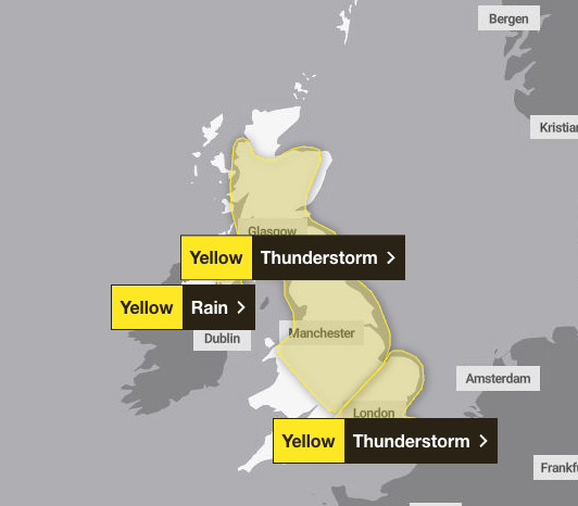 There are now three weather warnings in place on Monday for either rain or thunderstorms.