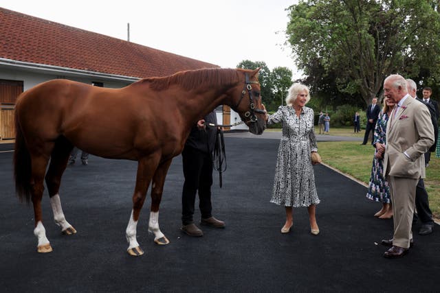 The King and Queen with racehorse Stradivarius during a visit to the National Stud in Newmarket, Suffolk (Chris Radburn/PA)