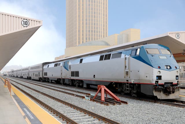 <p>The train would 'be a great way to see America during its 250th birthday'. Pictured is an Amtrak train at Los Angeles Union Station</p>