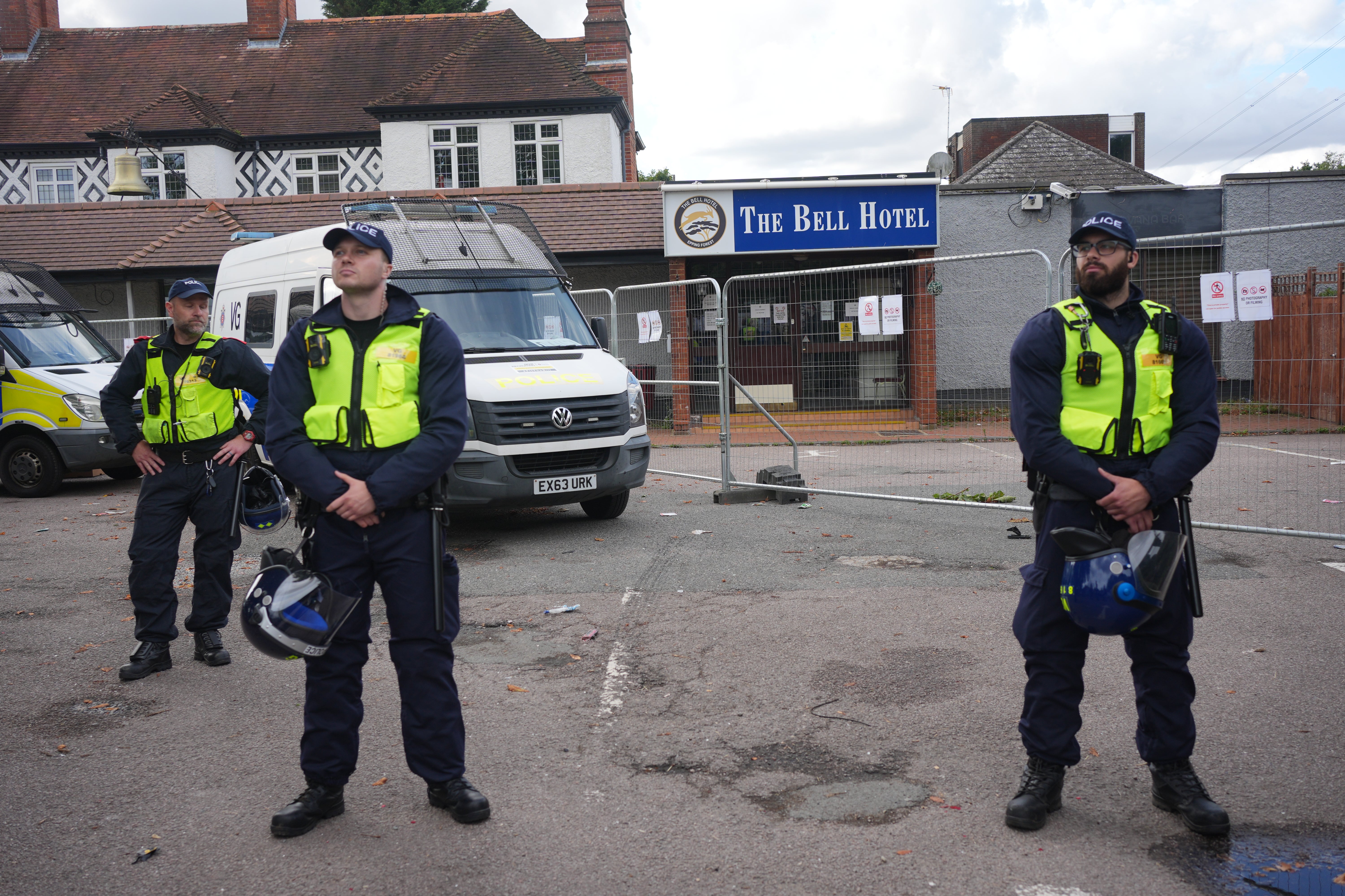 Police were stationed outside the Bell Hotel during protests