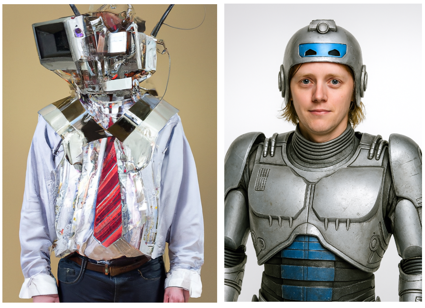 Both images were created with the same prompt – “the journalist Anthony Cuthbertson dressed up as a robot” – using DALL-E 2 in November 2022 (left) and DALL-E 3 in July 2025