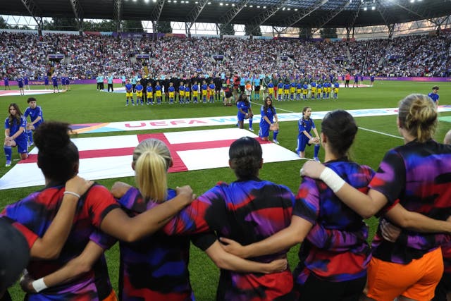 <p>England stood in solidarity with Jess Carter, centre (Nick Potts/PA)</p>