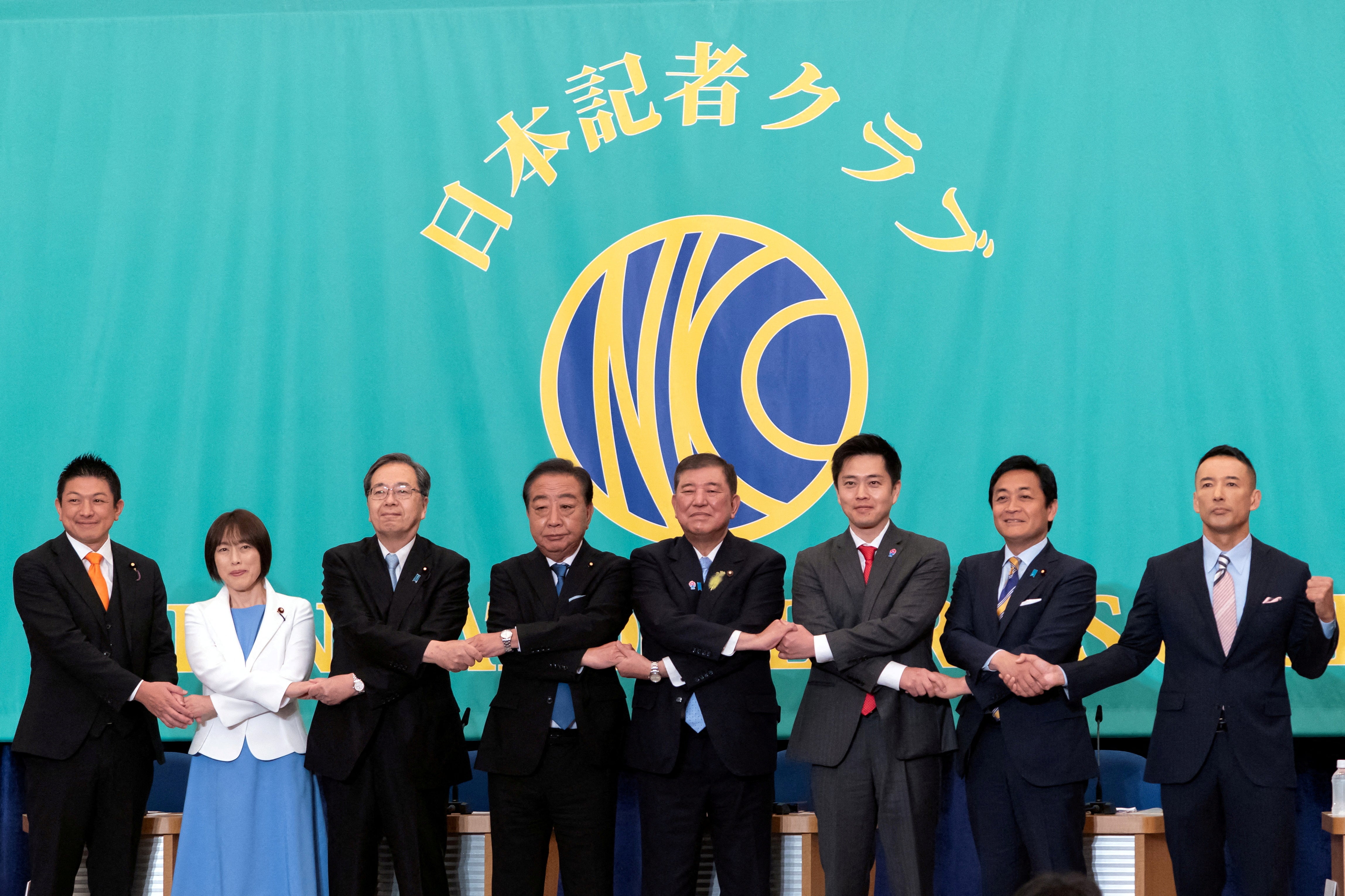 Sanseito leader Sohei Kamiya, Japanese Communist Party chair Tomoko Tamura, Komeito chief representative Tetsuo Saito, Constitutional Democratic Party of Japan president Yoshihiko Noda, Liberal Democratic Party president Shigeru Ishiba, Japan Innovation Party’s Hirofumi Yoshimura, Democratic Party For the People’s Yuichiro Tamaki and Reiwa Shinsengumi president Taro Yamamoto take part in a debate at the Japan National Press Club in Tokyo on 2 July 2025