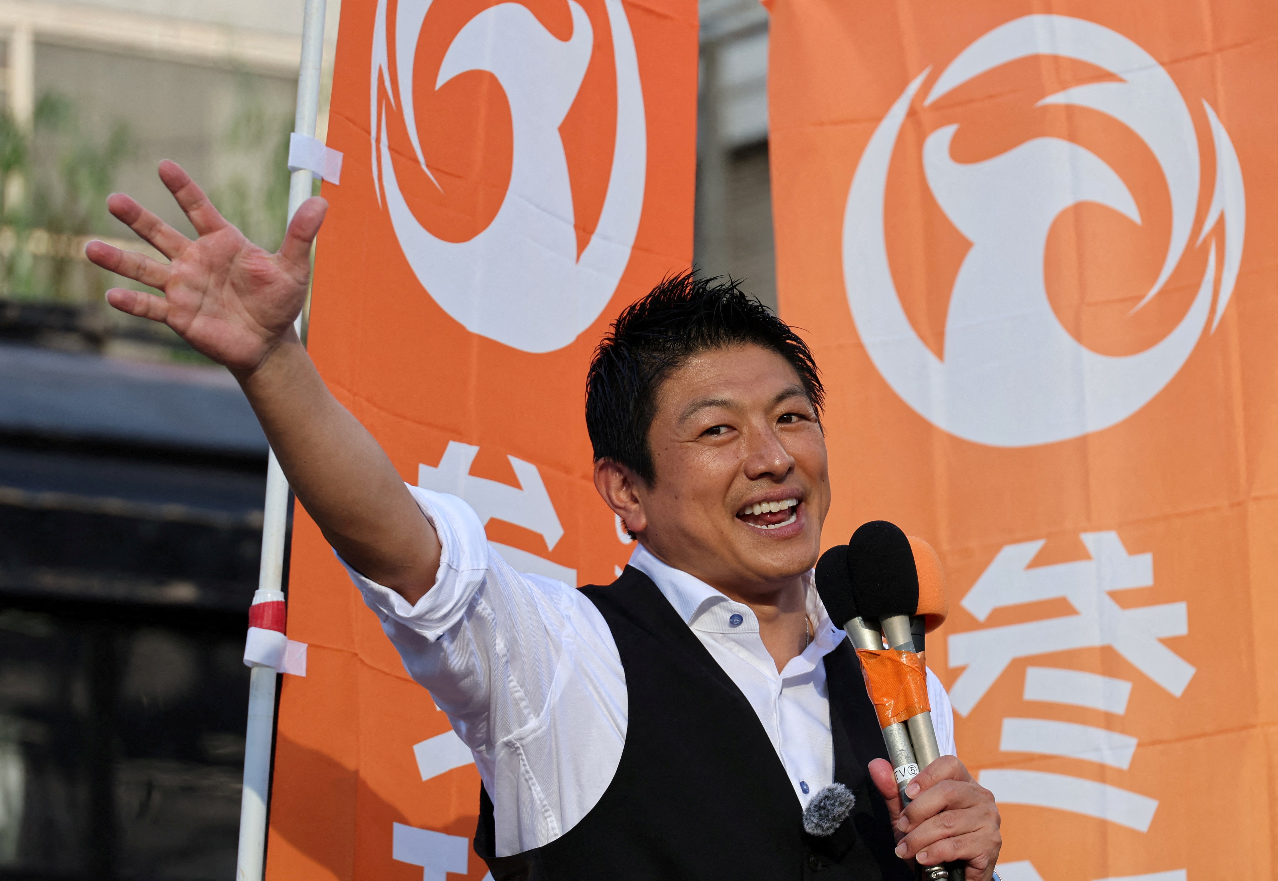Sanseito party leader Sohei Kamiya delivers a speech during a rally in Tokyo, Japan, on 21 July 2025