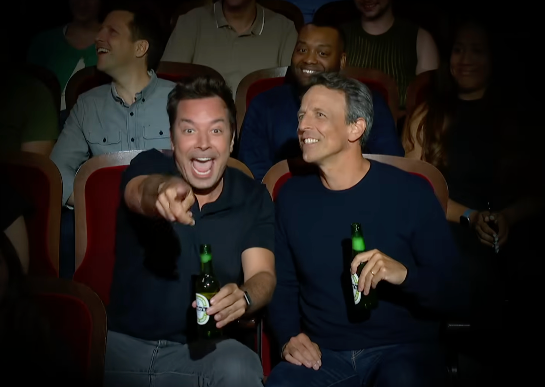 Fellow late-night hosts Jimmy Fallon and Seth Meyers in the Late Show audience to support Stephen Colbert