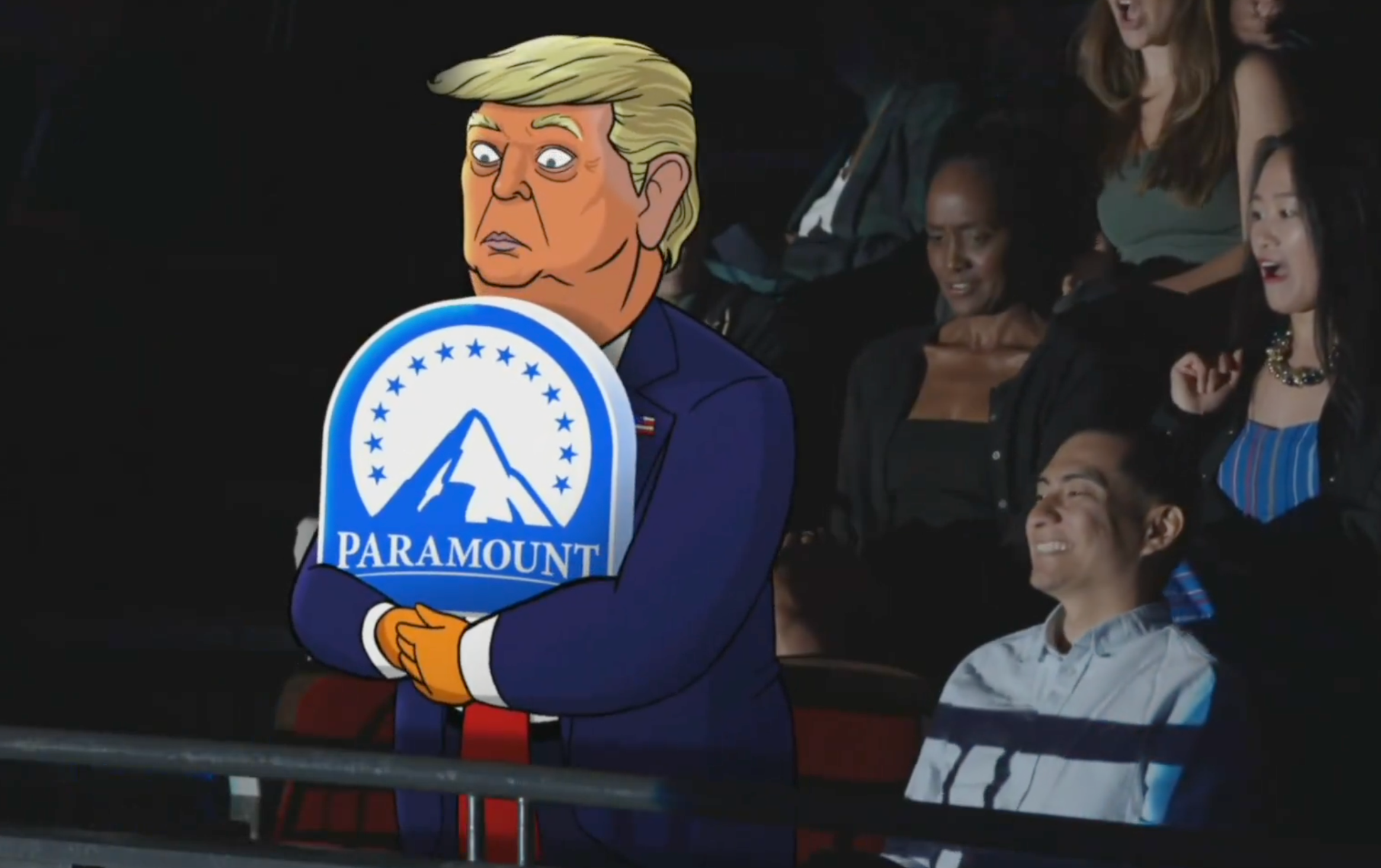 The Late Show with Stephen Colbert sends up Paramount's pandering to Donald Trump in a spoof of the Coldplay 'kiss cam' controversy