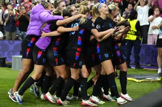 Chloe Kelly, on the right, celebrates the scoring of the winning goal of England against Italy (Nick Potts/PA)