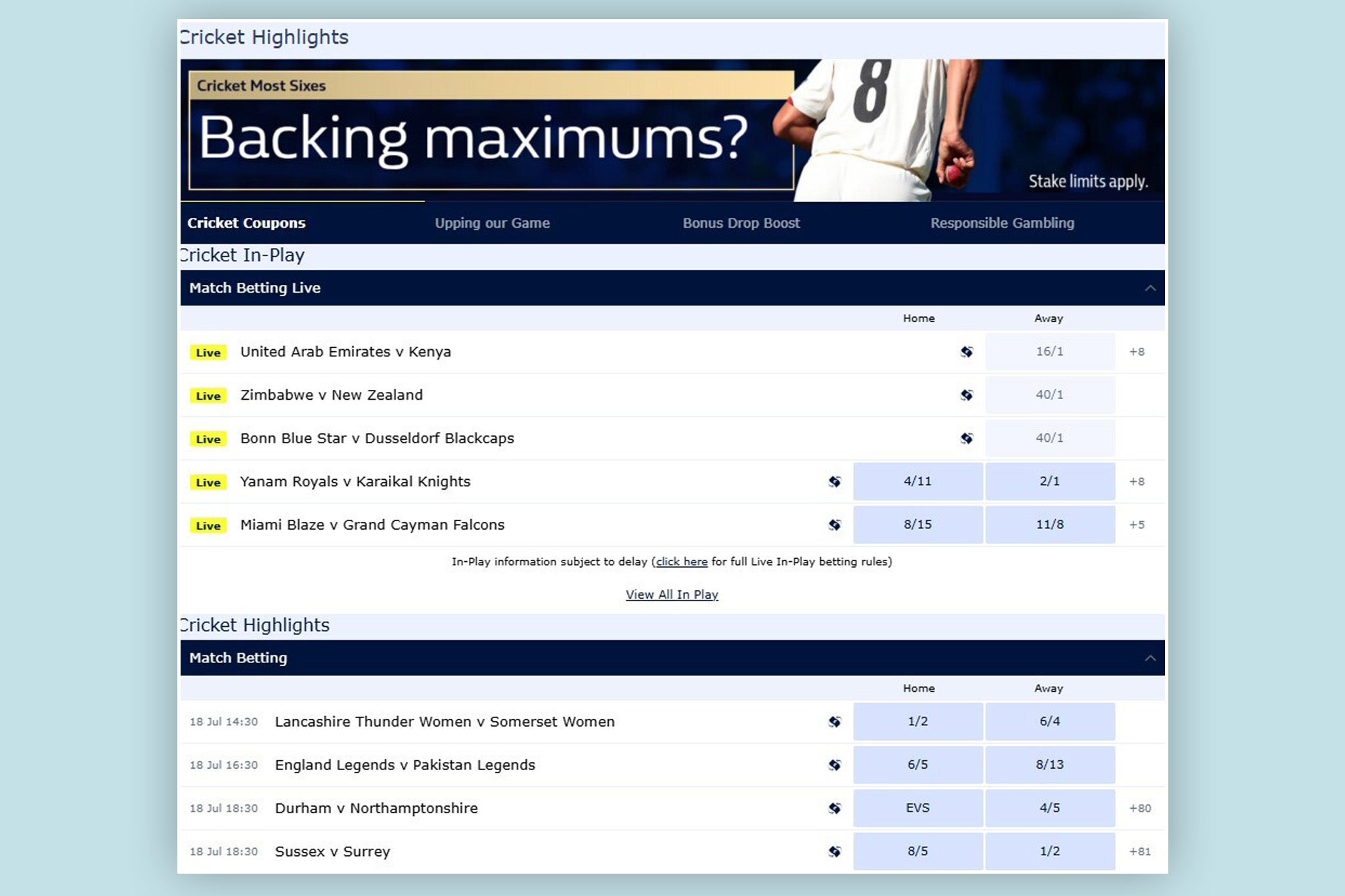 Cricket bettors can find matches from all over the world on William Hill