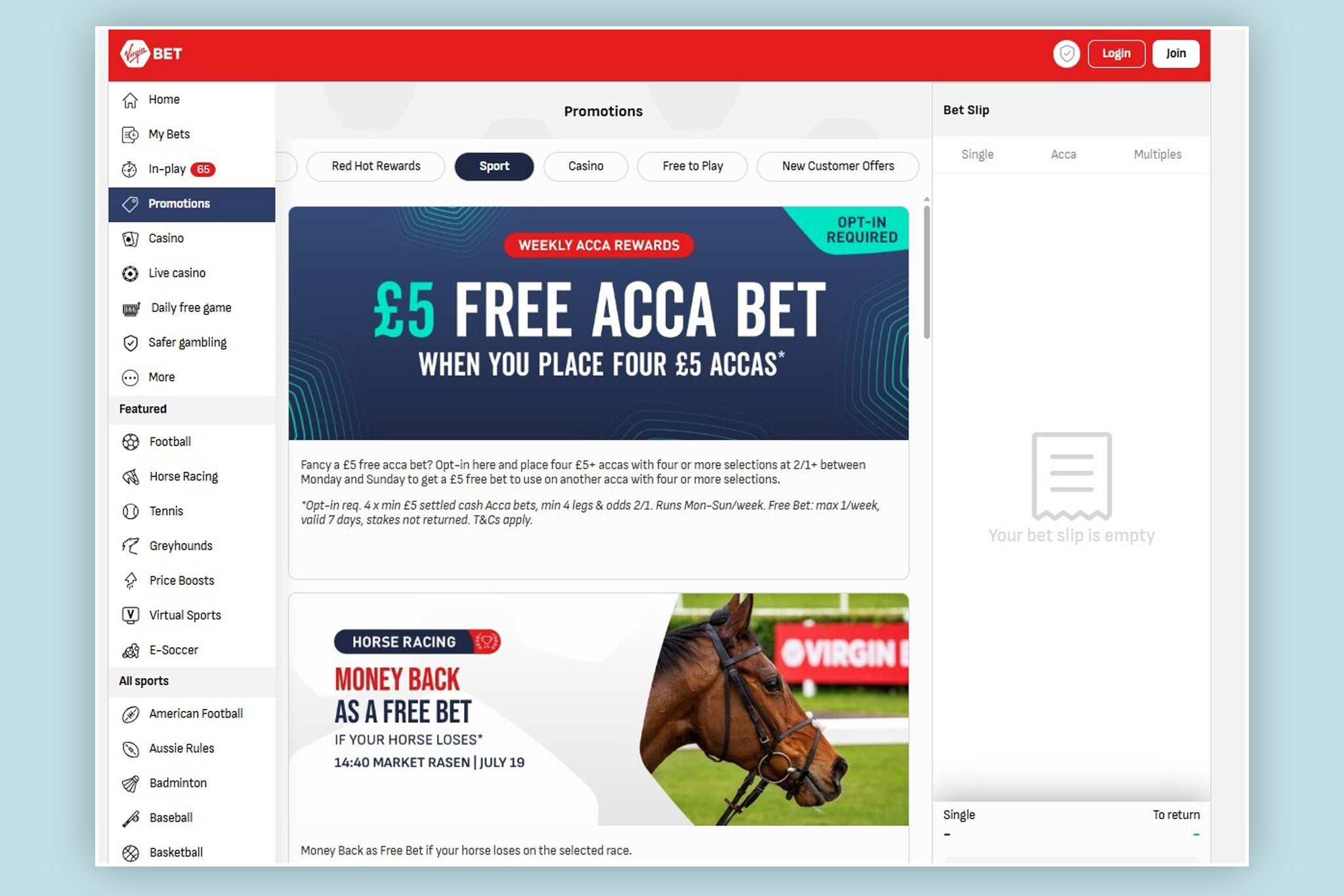 There’s usually a free bet offer available on Virgin Bet