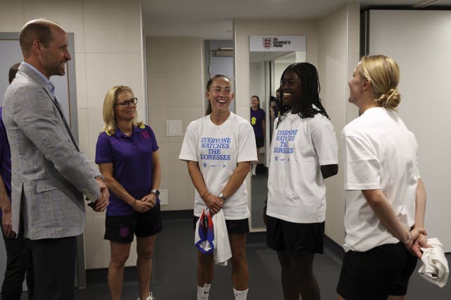 <p>The Prince of Wales speaks to (left to right) head coach Sarina Wiegman, Maya Le Tissier, Michelle Agyemang and Aggie Beever-Jones as he meets players and coaching staff from the England Women’s team during a visit to St George’s Park </p>