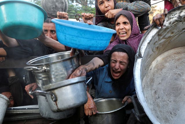 <p>Palestinians react as they ask for food from a charity kitchen, amid a hunger crisis, in Gaza City</p>