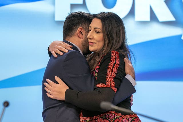 Humza Yousaf and his wife councillor Nadia El-Nakla urges world leaders to take action against Israel over its treatment of Palestinians (Jane Barlow/PA)