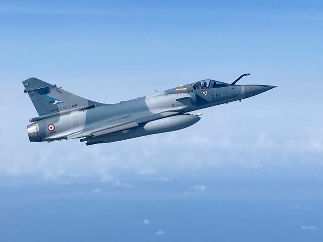 <p>A picture shows a French Mirage 2000 fighter jet flying over Estonia, on March 30, 2022</p>