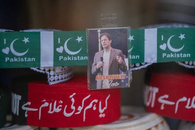 <p>File. A picture of former Pakistan prime minister Imran Khan was displayed in the window of a shop on 3 April 2024 in Southall, UK</p>
