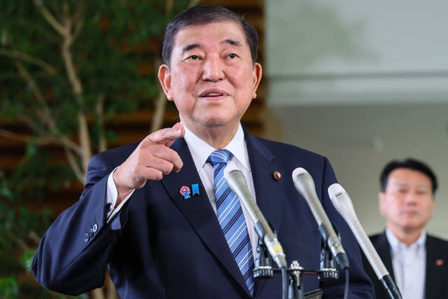 <p>Japanese prime minister Shigeru Ishiba speaks to reporters after a telephone conversation with American president Donald Trump</p>
