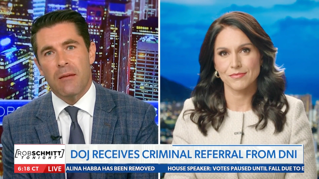 <p>Tulsi Gabbard is interviewed by Rob Schmitt on Newsmax on Tuesday July 22 2025</p>