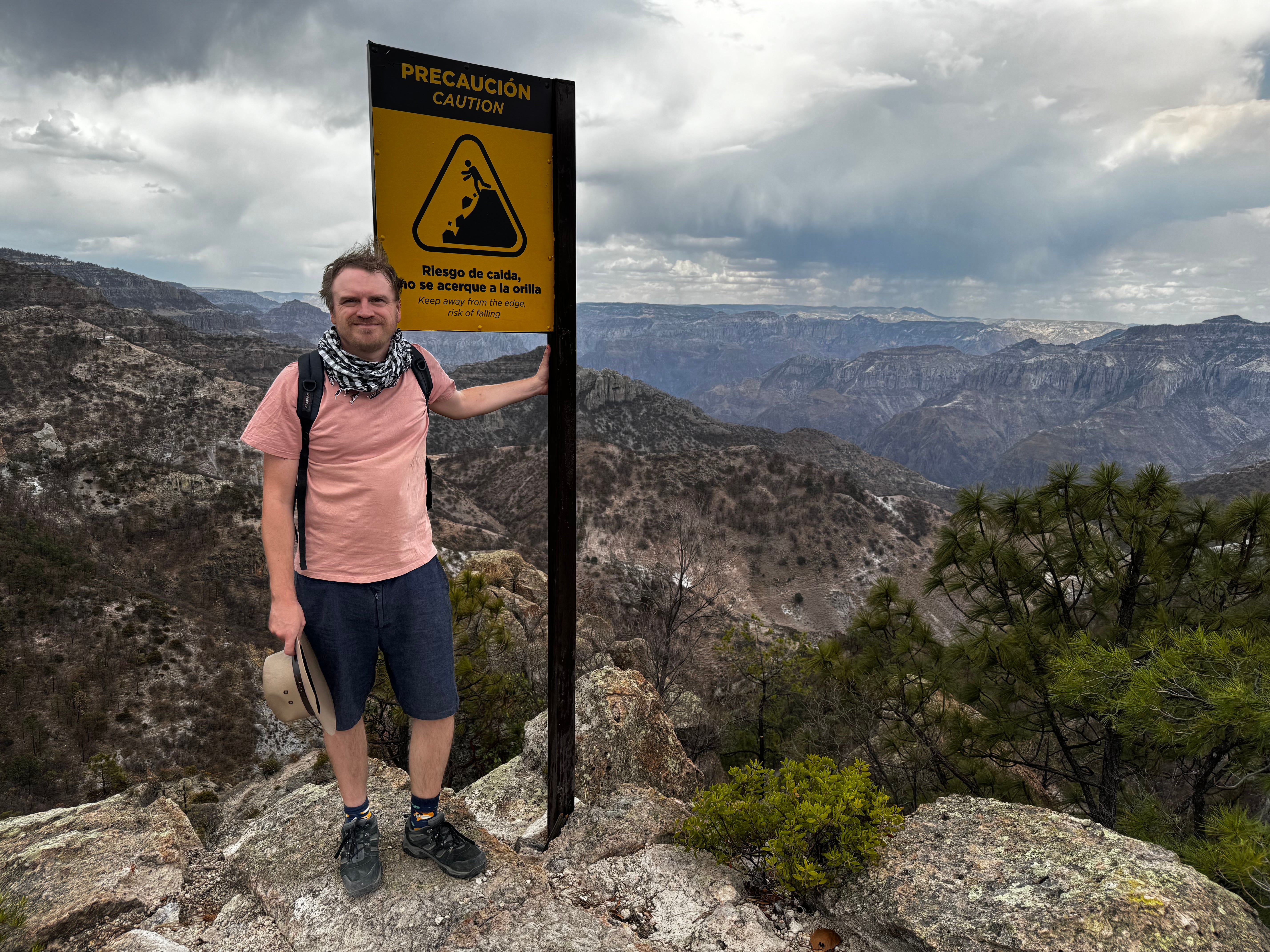 Writer, Jamie Fullerton, stops off at a viewpoint along the Copper Canyon train route in northern Mexico