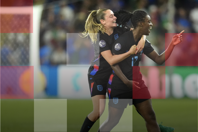 <p>England’s Michelle Agyemang, right, celebrates her equaliser </p>