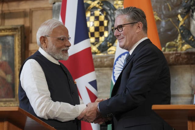 <p>Indian PM Narendra Modi and Keir Starmer during a press conference after signing a free trade agreement at Chequers</p>
