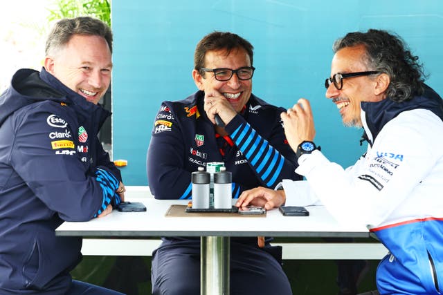 <p>Christian Horner (left) speaks to Laurent Mekies (right) and chief engineer Pierre Wache</p>