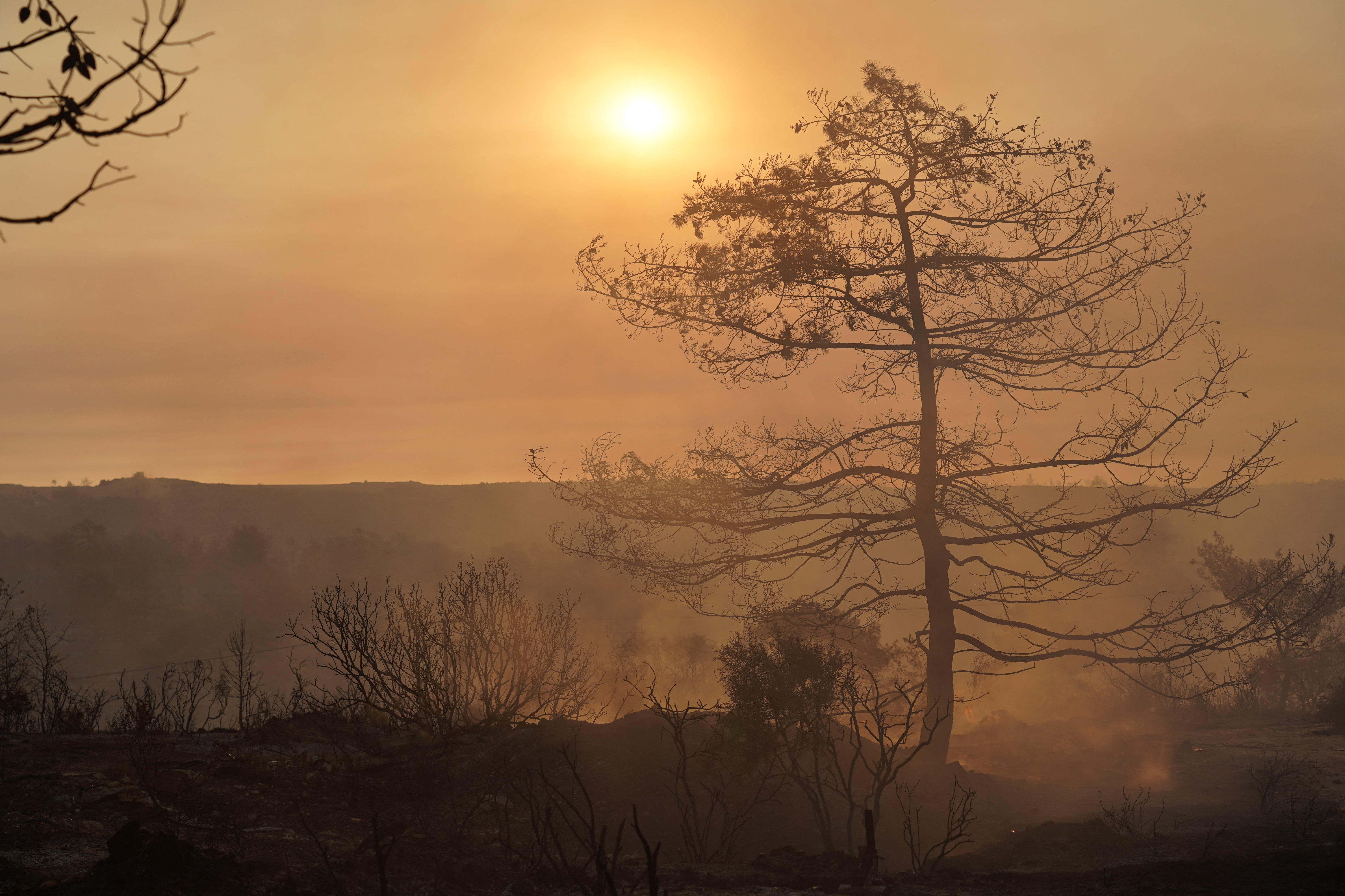 Smoke fills air because firefighters fight with a fire near Limassol, Cyprus