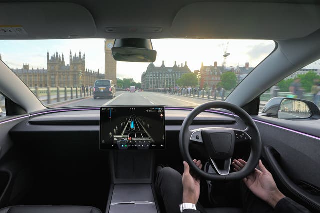 <p>Tesla is demonstrating its cars’ fully self-driving capabilities in tests on public roads in the UK </p>