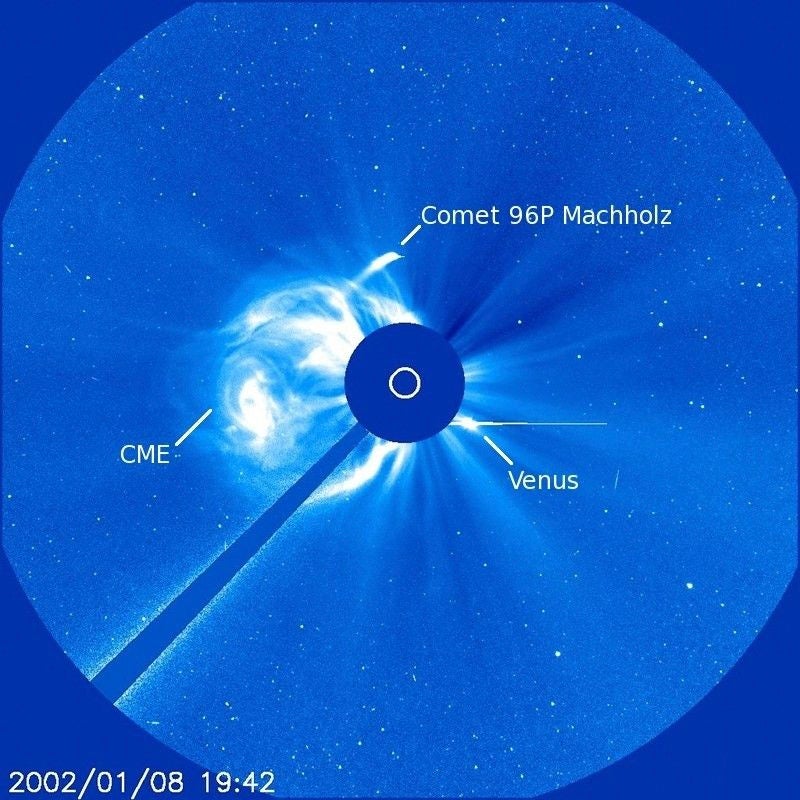 This image provided by NASA shows comet 96P Machholz which orbits the Sun about every 6 years, and is suspected to cause the Southern Delta Aquariids meteor showers. (NASA/ESA/SOHO via AP)