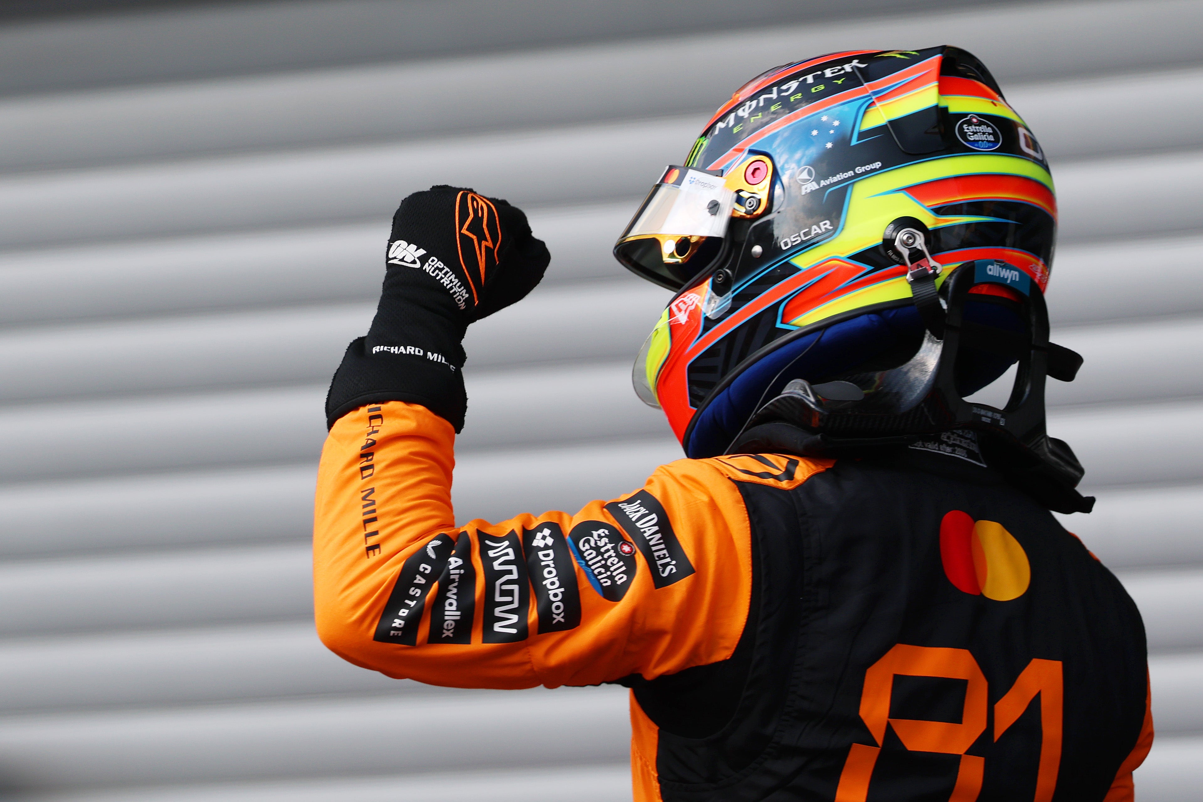 <p>Sprint Pole qualifier Oscar Piastri of Australia and McLaren celebrates in parc ferme during Sprint qualifying</p>