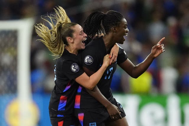 England’s Michelle Agyemang (right) celebrates scoring their side’s first goal of the game with team-mate Ella Toone during the UEFA Women’s Euro 2025 semi-final match at the Stade de Geneve, Switzerland. Picture date: Tuesday July 22, 2025.