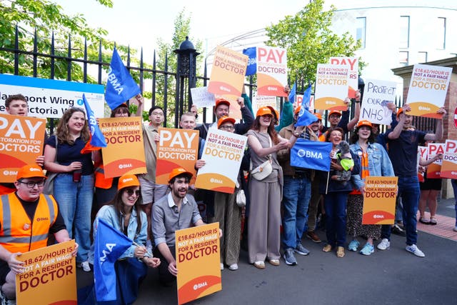 NHS resident doctors protest outside Royal Victoria Infirmary in Newcastle (Owen Humphreys/PA)