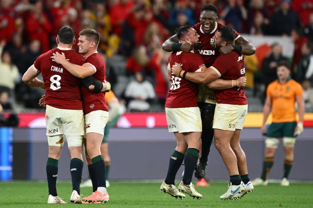 <p>Joy unconfined for (from left) Jack Conan, Owen Farrell, Ronan Kelleher, Maro Itoje and Ellis Genge as the British and Irish Lions snatch victory at the death over Australia</p>