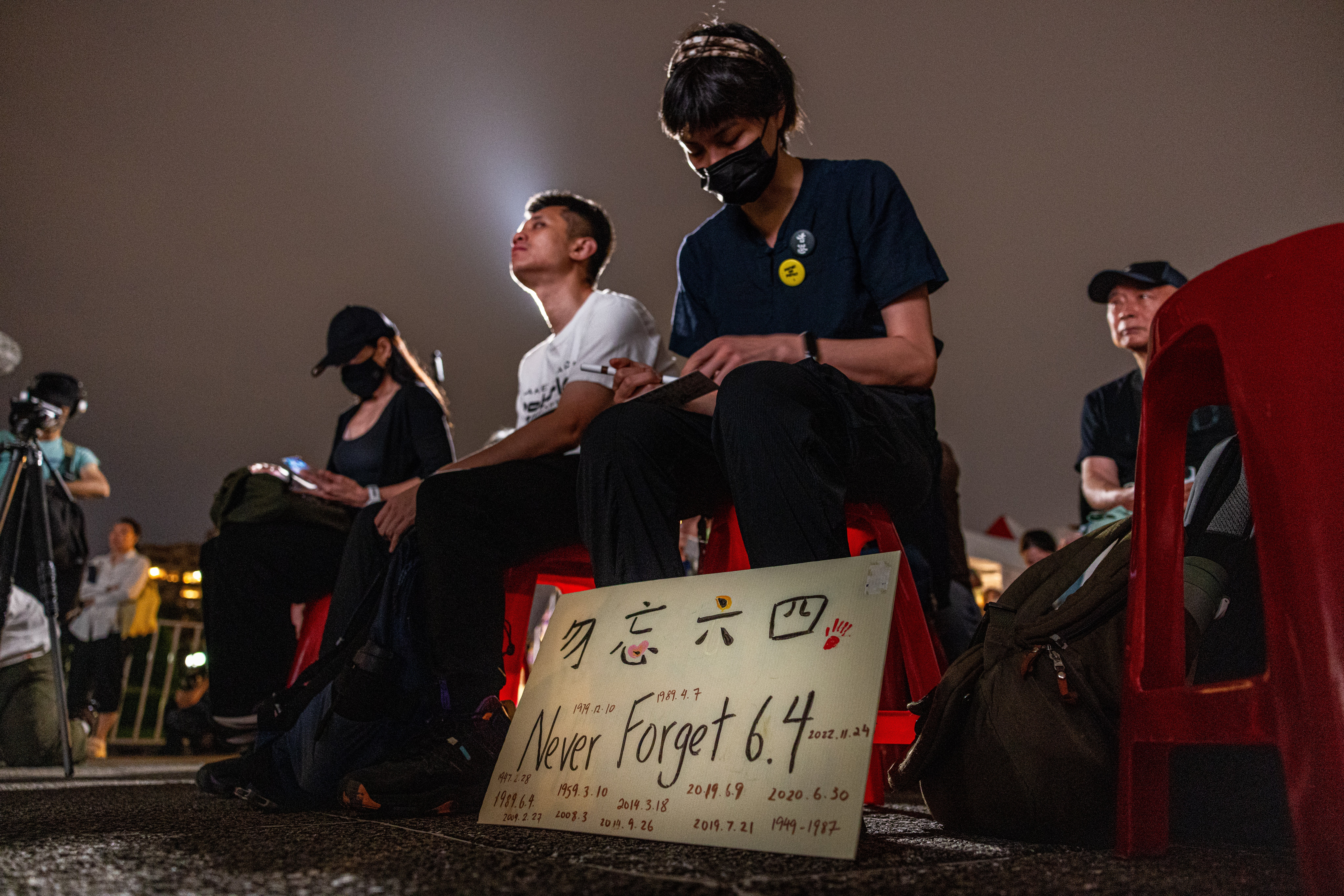 A placard reading 