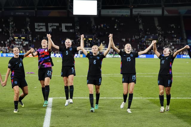 (left to right) England’s Grace Clinton, Lotte Wubben-Moy, Alex Greenwood, Leah Williamson, Esme Morgan and Lauren Hemp celebrate after the Uefa Women’s Euro 2025 semi-final match at the Stade de Geneve, Switzerland (Nick Potts/PA)