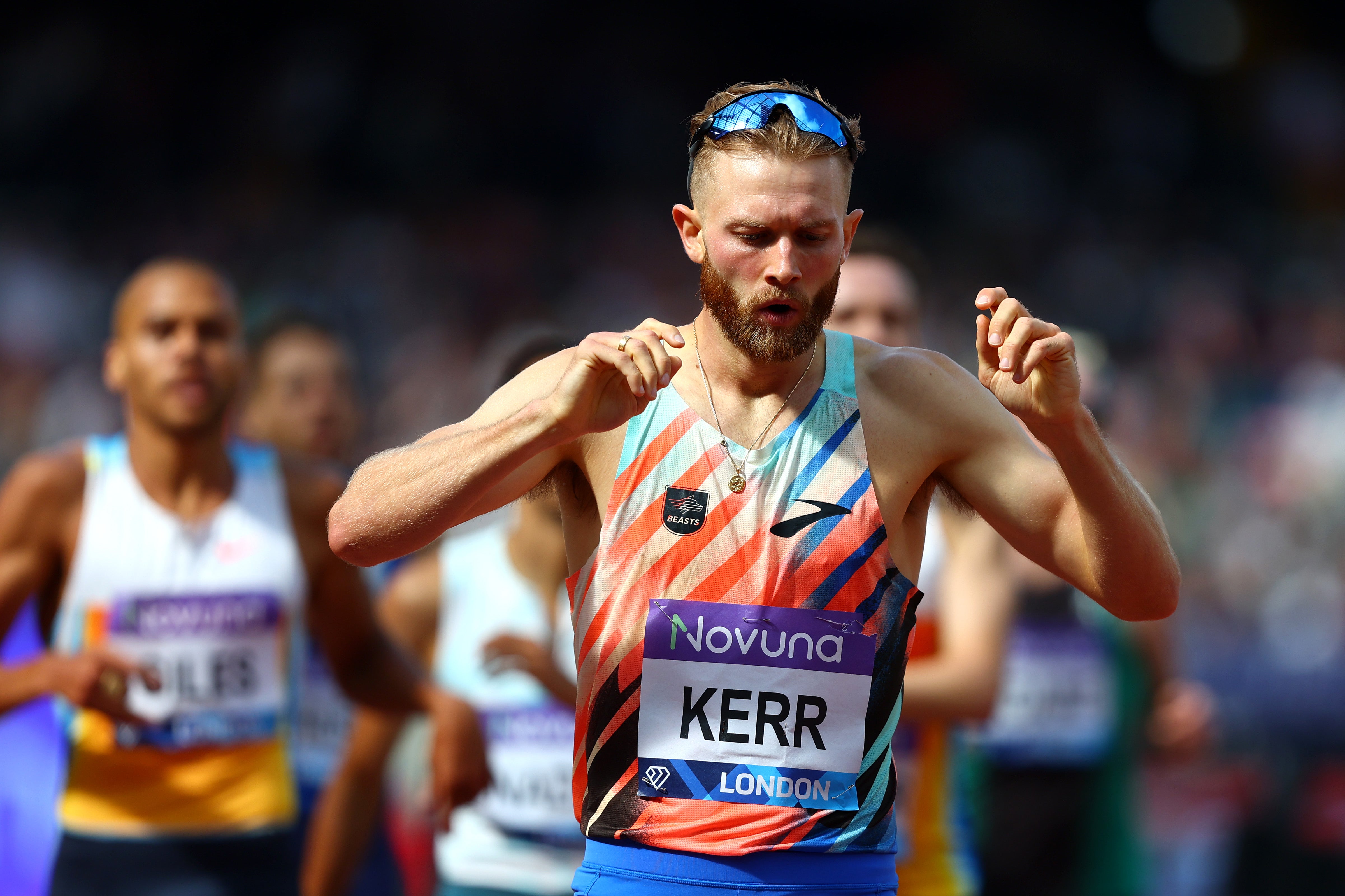 Josh Kerr of Team Great Britain reacts after finishing second in the London Diamond League 2025