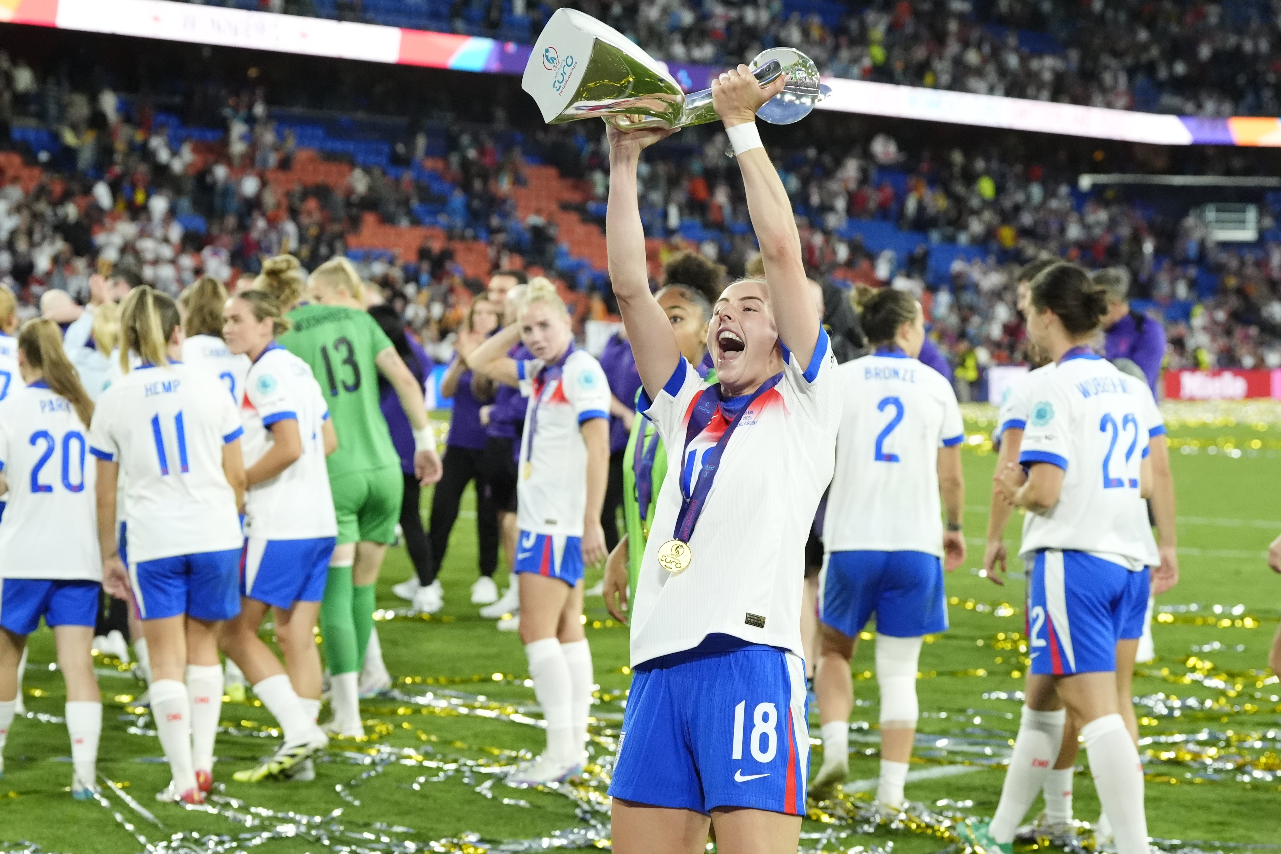 England’s Chloe Kelly celebrates with the trophy (Nick Potts/PA)