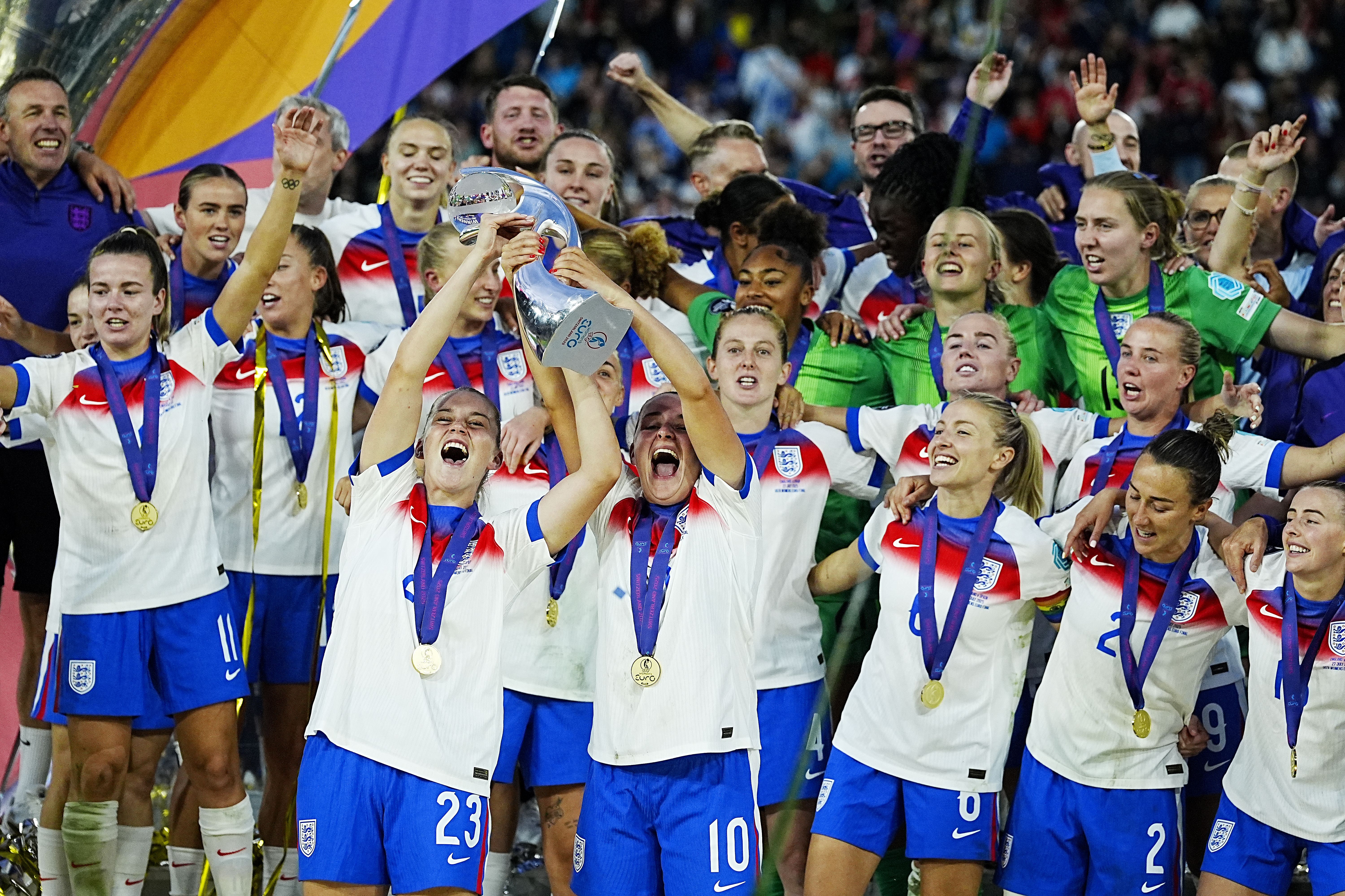 England’s Alessia Russo and Ella Toone celebrate with the trophy after winning the UEFA Women’s Euro 2025 final
