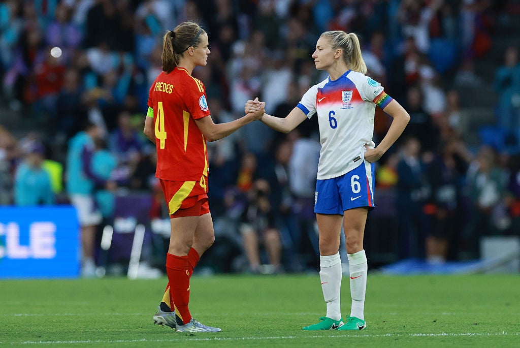 Williamson shakes hands with Spain' captain Irene Paredes after England's victory