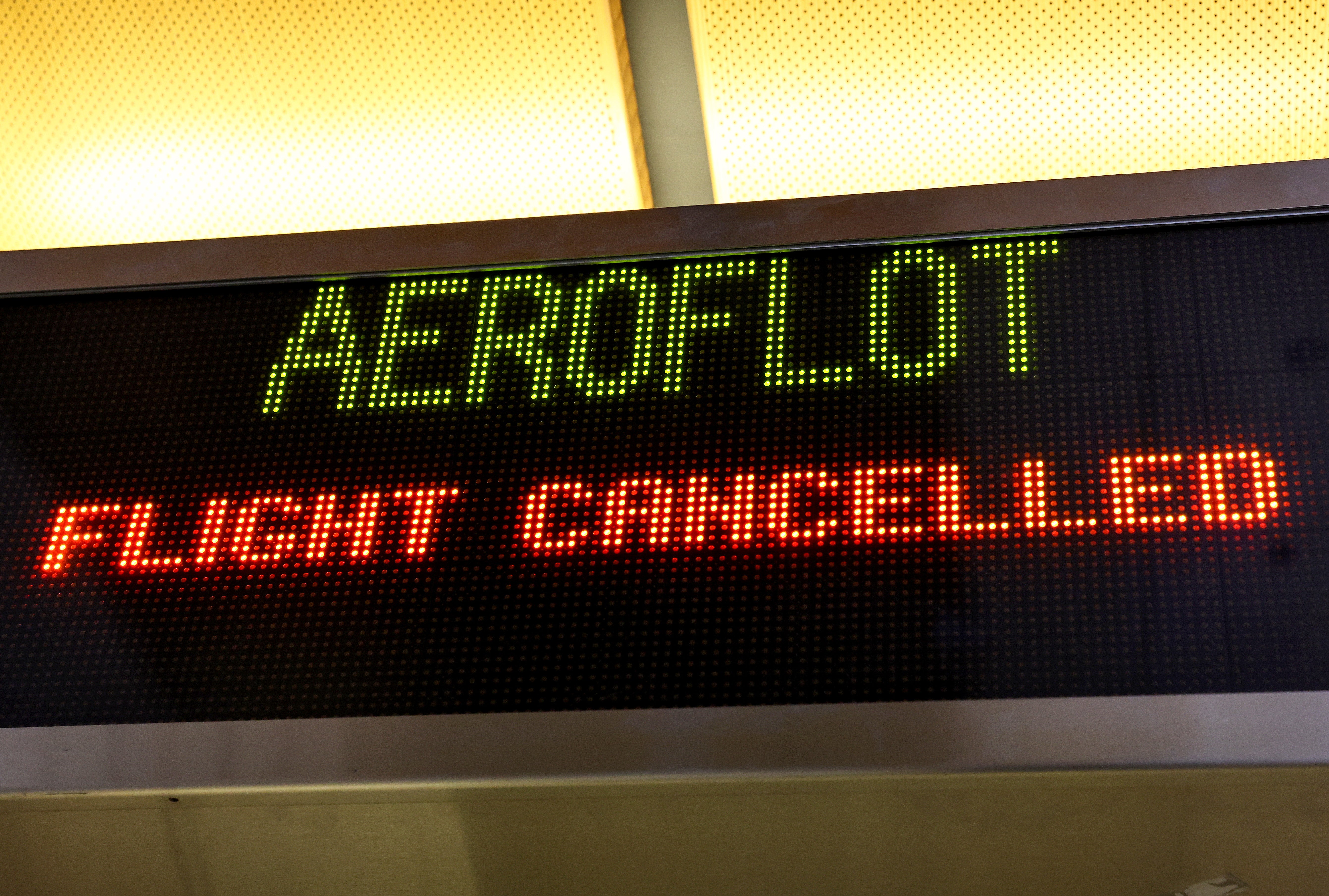 <p>A sign reads 'Flight Cancelled' at the Aeroflot check-in counter in the Tom Bradley International Terminal at Los Angeles International Airport (LAX) on March 02, 2022</p>