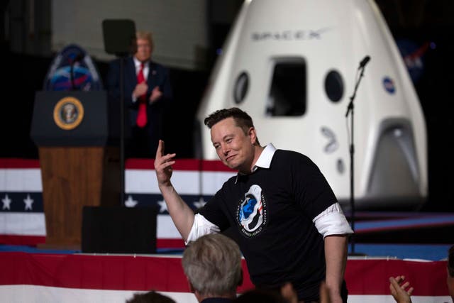 <p>Elon Musk makes a hand gesture after the successful launch of a SpaceX Falcon 9 rocket from Cape Canaveral, Florida, on 30 May, 2020</p>